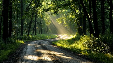 Obraz premium Sunbeams illuminate a winding dirt road through a lush green forest.