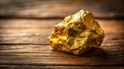 Close up of a lump of gold ore from a mine sitting on a wooden table , mineral specimen
