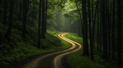 Fototapeta premium Winding dirt road through a sunlit forest.