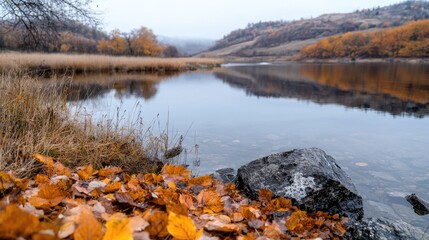 Autumn lake reflection, hills, calm water, fall leaves