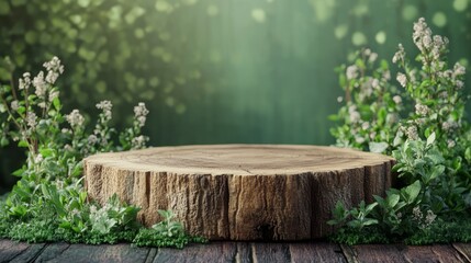 podium natural plant mockup fragrance display. Rustic Wooden Stump Display with Blooming Herbs and Greenery.