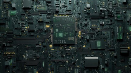 Dark green circuit board with glowing components. Illustrates complex technology, perfect for tech articles or presentations.