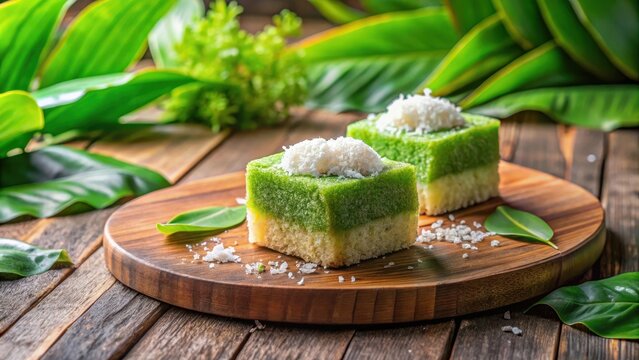 Sweet getuk lindri cake with grated coconut topping on a wooden table