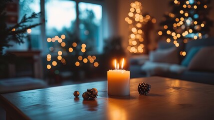 A glowing menorah lit in a peaceful home during Hanukkah, surrounded by family and joy