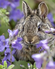 Fototapeta premium Adorable baby bunny rabbit hiding amongst vibrant purple flowers in a garden.