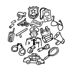 set of police tools and uniform in doodle style