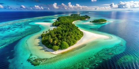 Aerial view of two tropical islands connected by a sandbar surrounded by crystal clear waters with white sandy beaches and lush green vegetation, waters, islands