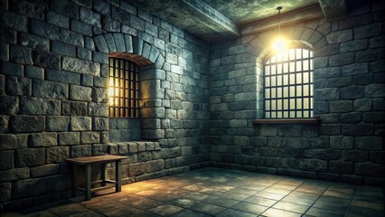A dimly lit cell with stone walls, a cold iron floor, and a single barred window high up on the wall, casting an eerie glow over the space , gothic architecture, dark dungeon