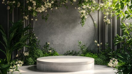 podium natural plant mockup fragrance display. Serene Garden Setting with Circular Pedestal.