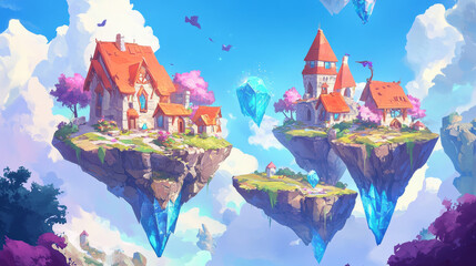 Flying game island platform vector illustration. Crystal soil ground landscape cartoon clipart with floating terrain environment asset. 2d fantasy adventure background for run in videogame world