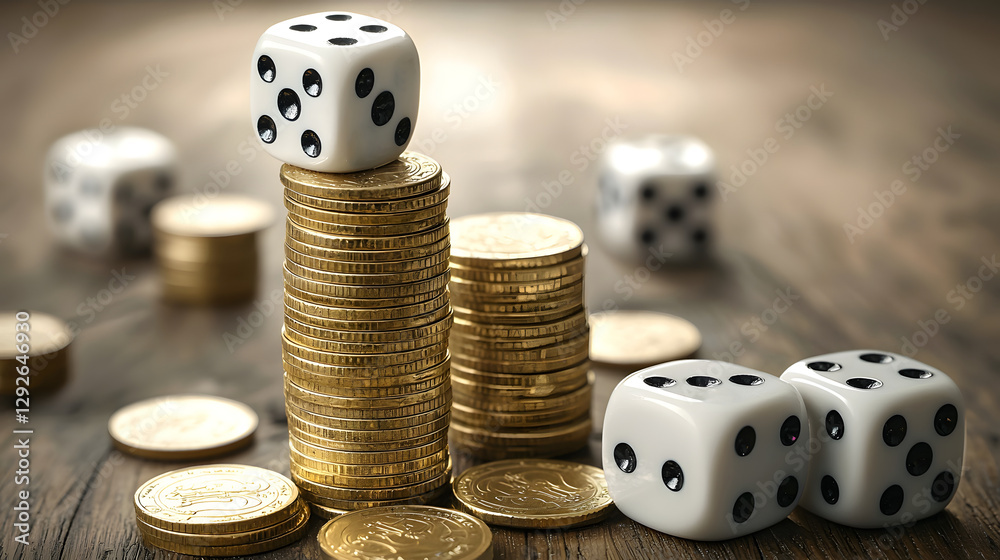 Poster a creative and dramatic arrangement of stacked gold coins and dice symbolizing the concepts of inves