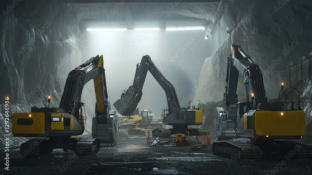 Aufkleber futuristic concept art depicting an advanced railway tunnel construction site featuring a fleet of a