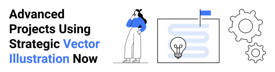 Woman in thoughtful pose near diagram of workflow with gears, lightbulb, and finish flag symbolizing innovation solutions. Ideal for planning, strategy, organization, workflow, goals, brainstorming