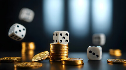 Dramatic lighting creates a captivating atmosphere highlighting the creative arrangement of gold coins and dice  This high contrast still life image conveys the concepts of financial investment risk