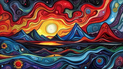 Vibrant Sunset Landscape Abstract Mountain Scene Swirling Colors Artistic Design