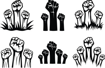 Modern and unique Hand raising fist silhouette vector art, Hand raising fist line art black vector illustration set