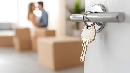 Bright and cozy room filled with packing boxes door slightly open with new home keys in the lock a couple embracing in the background creating a joyful atmosphere of a special moving day milestone