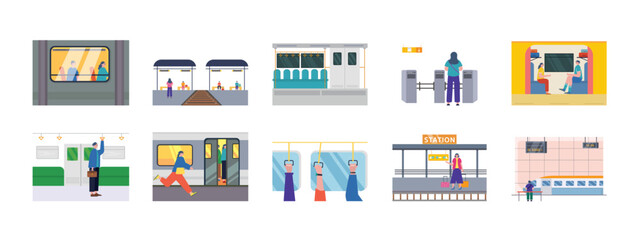 Train Station set illustration. Flat vector illustration concept