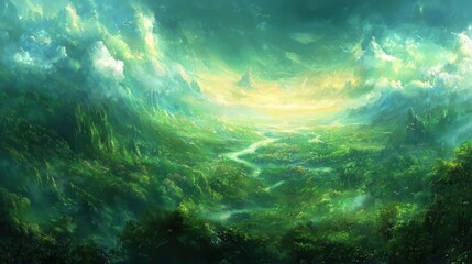 Fototapeta premium Lush Green Valley Landscape with River and Mountains Under Cloudy Sky