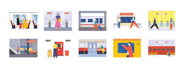 Train Station set illustration. Flat vector illustration concept