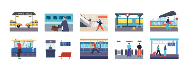 Train Station set illustration. Flat vector illustration concept