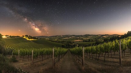 Naklejka premium Starry Night over Vineyard Rows under Milky Way Galaxy