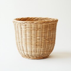 Beige woven basket on white background