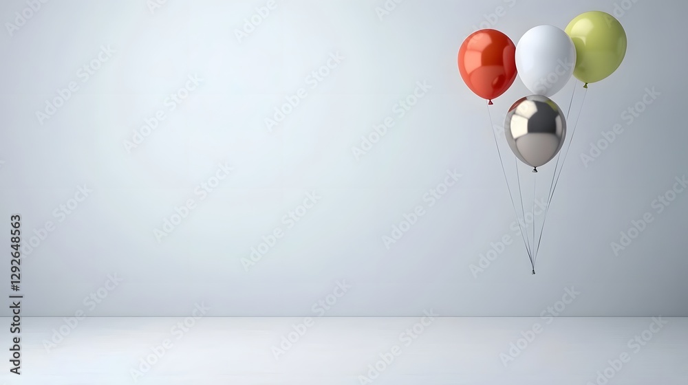 Poster a cluster of shiny metallic helium balloons in various colors and finishes floating against a clean 