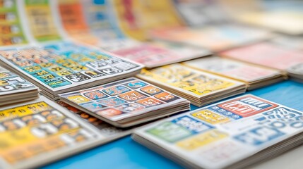 A collection of partially scratched lottery scratch off tickets displaying various winning numbers showcasing the excitement and anticipation of gambling and the chance to win a life changing prize