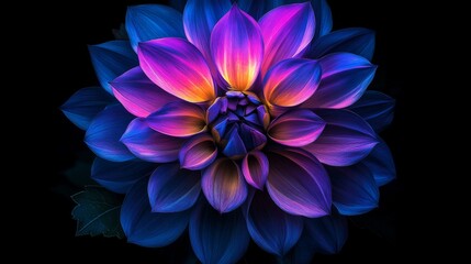 Close-up of vibrant blue and purple dahlia on black background, glowing petals. Floral beauty and color richness concept