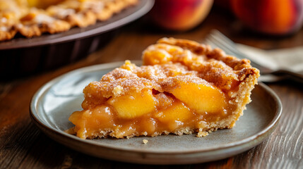  homemade peach pie slice sweet dessert baked pastry golden brown crust food warm cake treat
