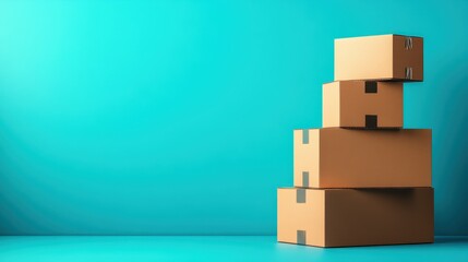 Obraz premium Stacked cardboard boxes on a vibrant turquoise background, conveying storage and shipping themes.