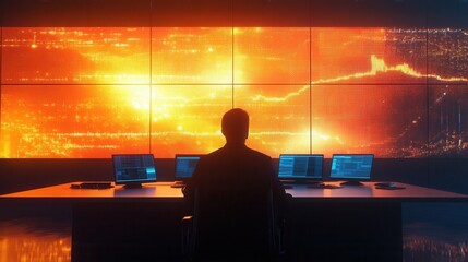 Silhouette Operator Infront Of Vibrant Data Wall