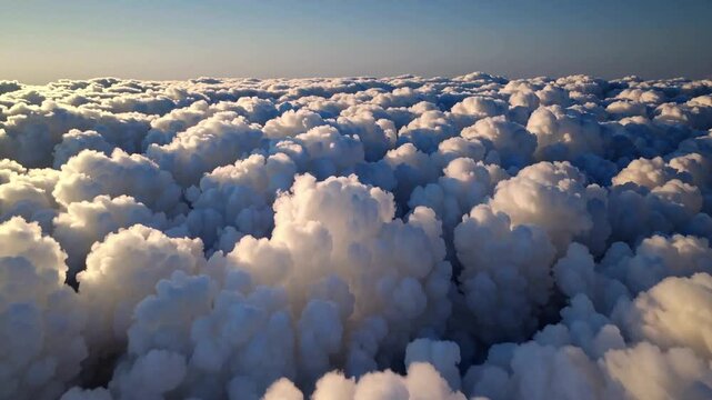Aerial shot soaring through fluffy white clouds as soft early morning light pours through, casting long shadows. The clouds blend seamlessly with a soft blue sky.  Backgrounds
