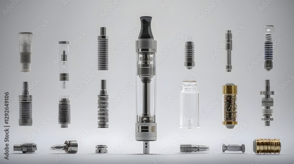 Poster a detailed high contrast image of a deconstructed vape pen or e cigarette with each individual compo