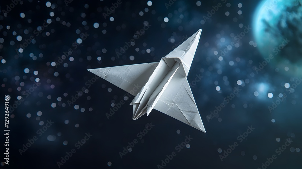 Poster a digital or 3d render of a paper airplane shaped like a modern space shuttle gliding gracefully thr