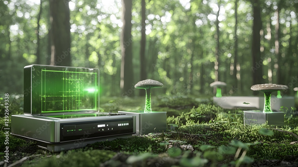 Poster A digital rendering showcasing advanced gamma ray detection equipment scanning and monitoring radiation absorbing and metabolizing fungi growing in a lush verdant forest environment