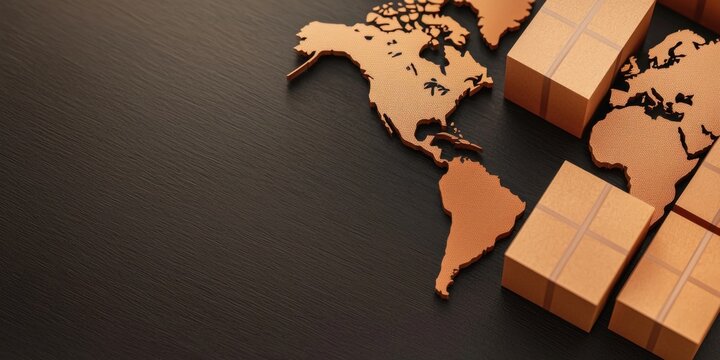 Wooden world map with cardboard boxes, symbolizing global trade and logistics.