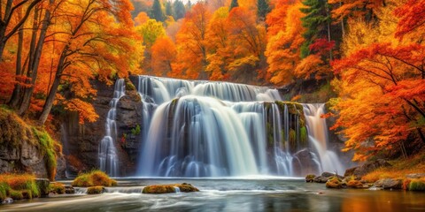 Obraz premium waterfall surrounded by autumn orange trees,, water, outdoors, water, outdoors, forest, landscape, nature