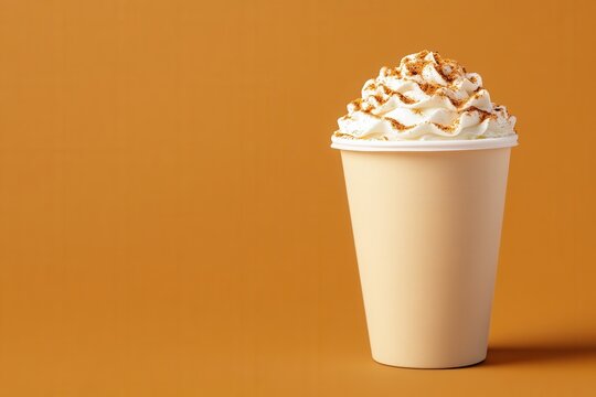 Single Paper Coffee Cup With Whipped Cream And Sprinkles Against Orange Background