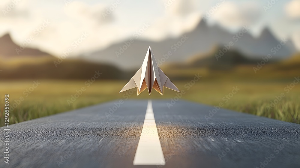 Poster A futuristic paper rocket with angular wings lifting off from a sleek paper runway in a serene mountainous landscape  The minimalist low poly design creates a clean modern and innovative aesthetic