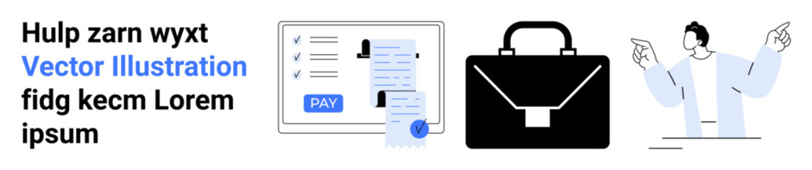 Digital invoice system marked paid, a black briefcase symbolizing professionalism, and a presenter explaining solutions. Ideal for finance, technology, corporate presentation, payments, contracts