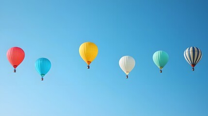 Fototapeta premium A group of brightly colored hot air balloons floating gracefully and ascending into a clear serene blue sky The balloons create a whimsical and captivating scene evoking a sense of adventure freedom
