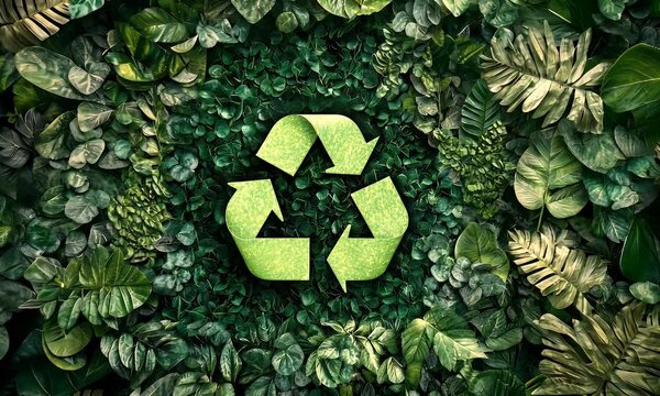 Green recycle symbol amidst lush foliage, studio shot, eco-campaign background