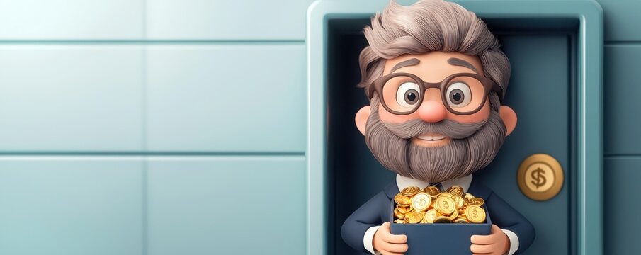 Animated cartoon thief disguised as a businessman steals secure coins in a vault environment with a humorous twist