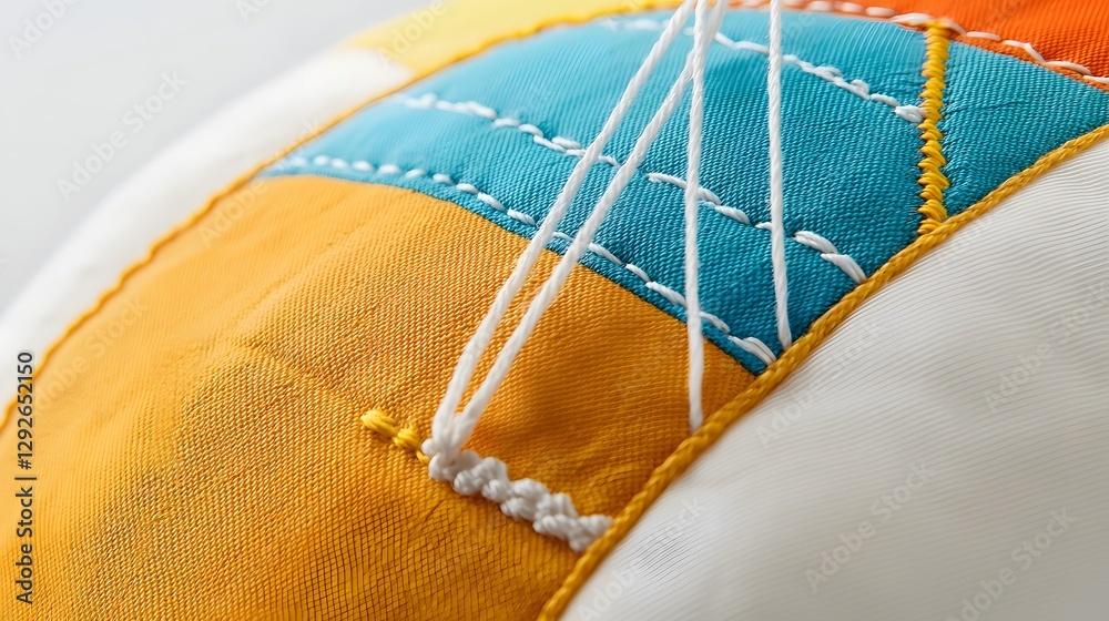 Poster A macro close up photograph showcasing the intricate stitching and complex textile texture of a colorful balloon fabric material  The image highlights the intricate geometric patterns vibrant colors