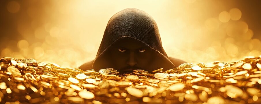 Animated thief peeking from a pile of gold coins in a secure cartoon world
