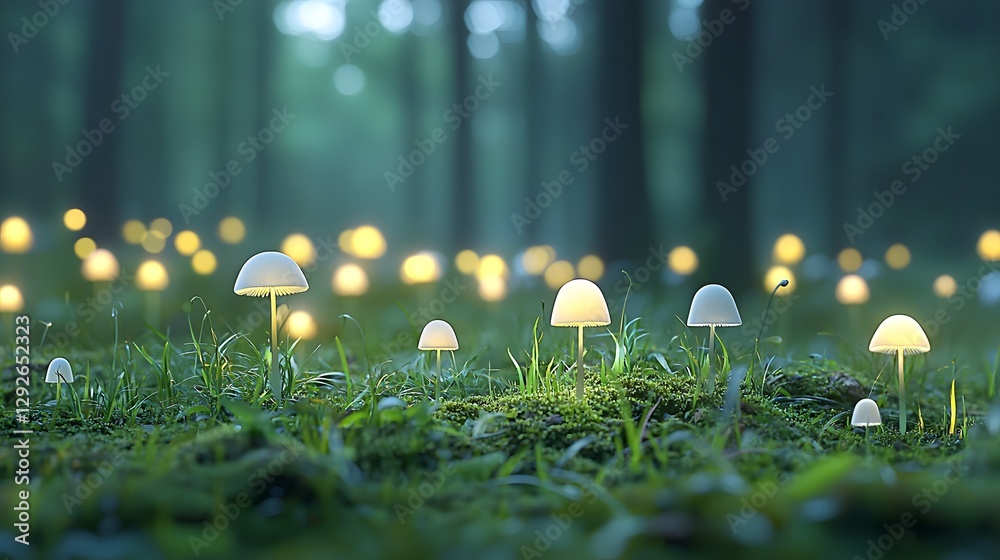 Poster a mesmerizing and ethereal image depicting bioluminescent fungi glowing in an enchanted forest lands