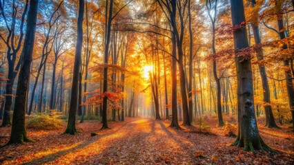 A serene forest bathed in an ethereal glow on a late November autumn day, with trees standing tall amidst the fading light of dusk , beautiful forest, autumn foliage