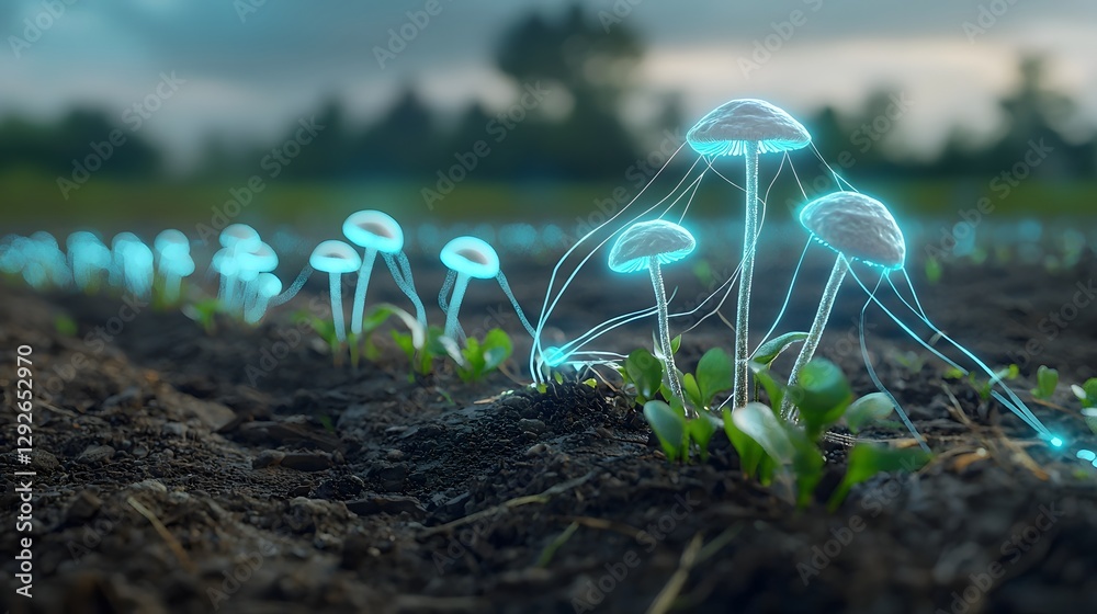 Poster a mesmerizing and surreal landscape depicting bioluminescent fungi growing in a forest absorbing and